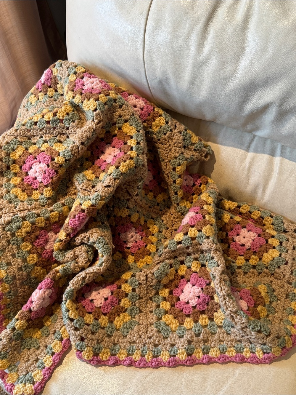 Handmade Blanket-Crocheted Granny Square-Pink/Brown/Green/Yellow-Gently Used - Picture 12 of 17